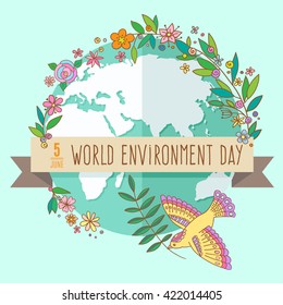 World environment day concept with mother earth globe and green leaves and flowers on  mint background. With an inscription Save the Planet, 5 June. Vector Illustration.