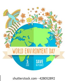 World environment day concept with mother earth globe and green leaves and flowers on white background. With an inscription Save the Planet, 5 June. Vector Illustration.