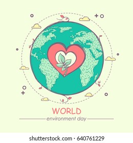 World Environment Day concept of the mother earth with sprouts on a beautiful background. Vector illustration with the inscription. A cartoon sketch. 5 June.