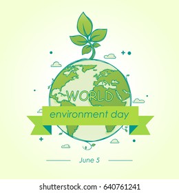 World Environment Day concept of the mother earth with sprouts on a beautiful background. Vector illustration with the inscription. A cartoon sketch. 5 June.