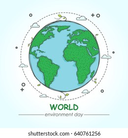 World Environment Day concept of the mother earth with sprouts on a beautiful background. Vector illustration with the inscription. A cartoon sketch. 5 June.