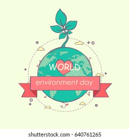 World Environment Day concept of the mother earth with sprouts on a beautiful background. Vector illustration with the inscription. A cartoon sketch. 5 June.
