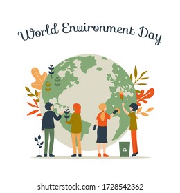 World Environment day concept. People go green, plant tree, clean Earth. Flat vector eco modern illustration. Save the Planet! 