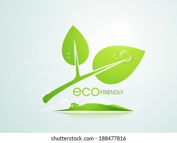 World environment day concept for save the trees with fresh green leaves, water drop and stylish text on grey background. 