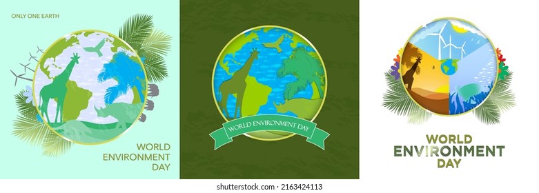 World Environment Day Concept Set, collection. Vector Illustration. EPS 10. Only One Earth. Brown tones. Safari and earth in gold frame. Paper art and origami animals and earth. Modern, creative.