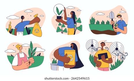 World environment day concept set for web design. Collection with picking garbage, recycling, using alternative energy, organic farming, more. Flat vector illustration isolated on white background.