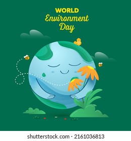 World Environment Day Concept With Smiley Earth Globe, Chick, Bees And Floral On Pastel Yellow Background.