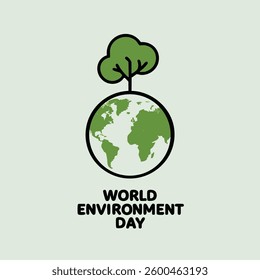 World Environment Day Concept A symbolic illustration of a green tree atop a world globe, the text reads 'World Environment Day'. This image captures the essence of environmental protection.