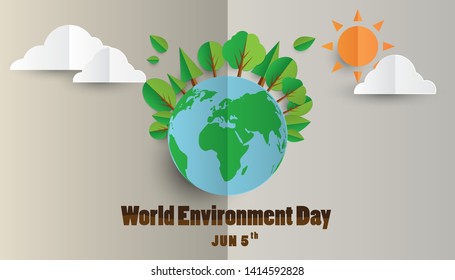 World environment day concept the world that is surrounded by trees, clouds and sun, paper forms to help conserve the environment.