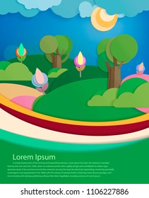 World environment day concept in vector. Green background with many trees and flowers for holiday. Cut of Paper nature illustration 