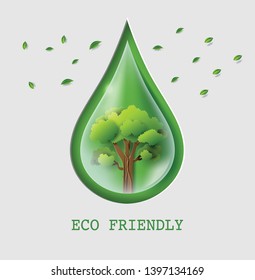 World Environment Day concept, water drop with tree and green leaves, paper art and craft style, flat-style vector illustration.
