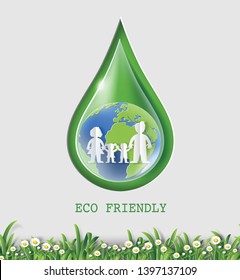 World Environment Day concept, water drop with earth and family, paper art and craft style, flat-style vector illustration.