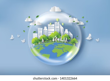 World Environment Day concept, water bubble with people and city, paper art and craft style, flat-style vector illustration.