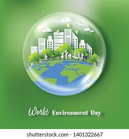 World Environment Day concept, water bubble with people and city, paper art and craft style, flat-style vector illustration.