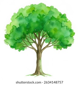 World Environment Day concept. Watercolor tree with leaves. Watercolor tree with green leaves. Hand painted realistic illustration. Vector illustration isolated on white background. 
