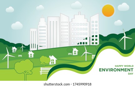 World environment day concept.Green earth of eco friendly city Save the Earth concept.Renewable energy for ecology and environment .conservation concept.Vector illustration.