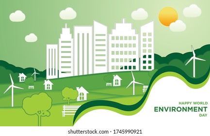 World environment day concept.Green earth of eco friendly city Save the Earth concept.Renewable energy for ecology and environment .conservation concept.Vector illustration.