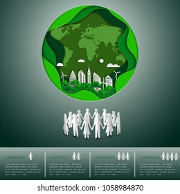 World Environment day concept,paper craft earth map shape with the city on green background,vector illustration