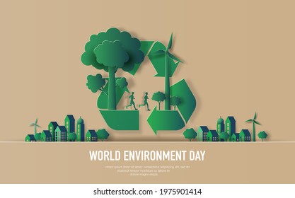 World Environment Day, a couple running on recycle symbol, save the planet and energy concept, paper illustration, and 3d paper.