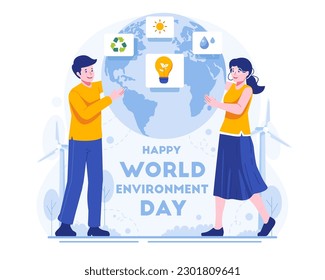 World Environment Day. Couple taking care of the globe earth. Save the planet, Save Energy. Earth Day concept. Vector illustration