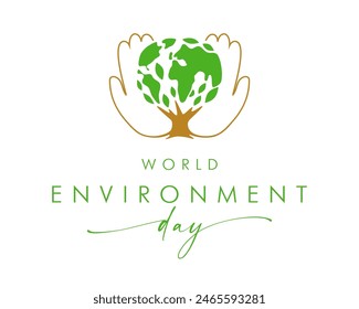 World Environment Day creative congrats. Environmental logo concept. Green leaves tree with globe shape, human palms, creative icon. Social network timeline post design. Branding emblem template.