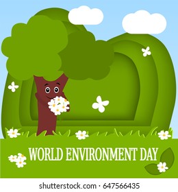 The world environment day. Cute funny tree on the background of nature. Vector illustration. Cartoon