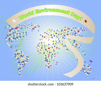 World Environment Day. Cute map of the world of flowers and celebratory banner with butterfly and ladybug. Vector illustration.