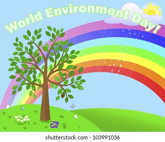 World Environment Day. Cute tree in the background of the summer landscape with rainbow. Vector illustration.