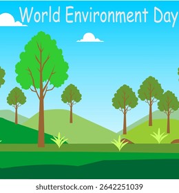 World Environment Day design with forest landscape and solar panels