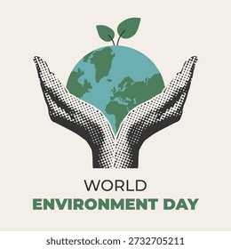 World Environment Day design with green globe and leaves. Sustainable eco concept in modern vintage halftone style. Vector illustration 