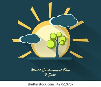 world environment day design with long shadows. Vector sighs, elements for your design. Sun, clouds, tree  vector elements. Eps10