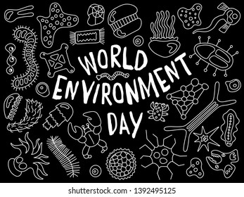 World environment day doodle. Various microorganisms background pattern. Backdrop with infectious germs, protists, microbes, disease causing bacteria, virus. Biodiversity plankton vector illustration