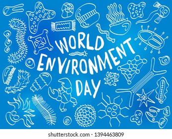 World environment day doodle. Various microorganisms background pattern. Backdrop with infectious germs, protists, microbes, disease causing bacteria, virus. Biodiversity plankton vector illustration