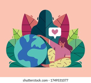 World Environment Day. Earth Day. Celebration of sustainability, ecology, protect planet Earth from global warming and climate change. Take care of your home planet. Editable illustration for web.