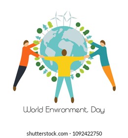 World Environment Day. Earth Day. Concept poster, vector illustration. People embracing and protecting Earth.