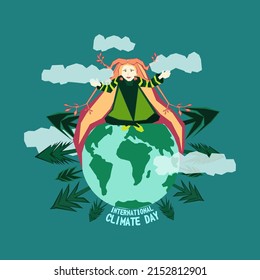 Weltumwelttag oder Earth Day-Konzept. Rettet unseren Planeten. Kümmere dich um die Erde. Weltklimatag. Mutter Erde. Vektorgrafik-stilisierte Grafik-Design für Post, Banner, Karte mit Schrift
