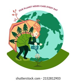 World Environment day or Earth day concept. Save our planet. Take care of Earth. World climate day. mother Earth. Vector cartoon stylized graphic design for post, banner, card with lettering