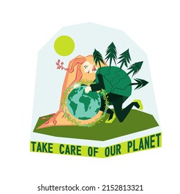 World Environment day or Earth day concept. Save our planet. Take care of Earth. World climate day. mother Earth. Vector cartoon stylized graphic design for post, banner, card with lettering