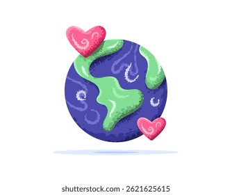 world environment day or world earth day concept. love environment and earth. illustration of planet earth with heart. flat style design with texture grain. element. celebration, care, awareness
