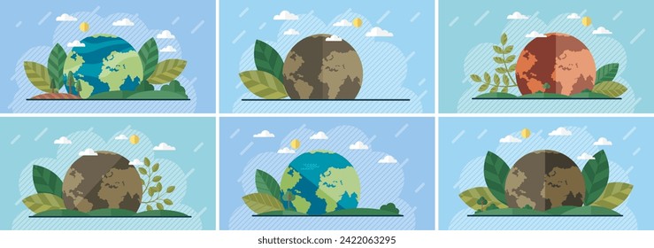 Día Mundial del Medio Ambiente. Concepto de conservación del medio ambiente o Día de la Tierra. Salvemos el planeta verde. Atención a la naturaleza de la Tierra. Mundo verde del globo ecológico con conjunto de símbolos vegetales. Planeta y hoja de ecología. Impresión de presentación