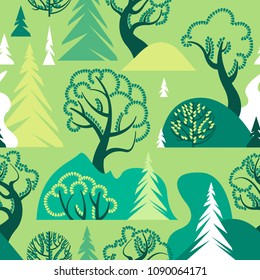 World Environment Day. Earth Day. Day of the forest. Ecological background. A seamless pattern with deciduous and coniferous trees, hills and bushes. Vector illustration.