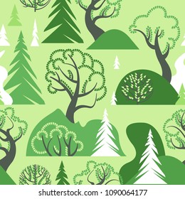 World Environment Day. Earth Day. Day of the forest. Ecological background. A seamless pattern with deciduous and coniferous trees, hills and bushes. Vector illustration.