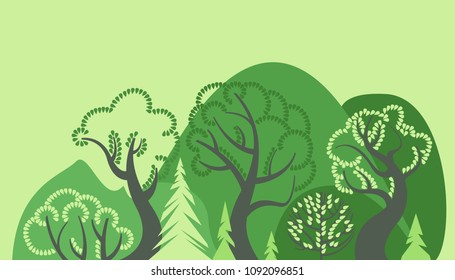 World Environment Day. Earth Day. Day of the forest. Ecological background. Deciduous and coniferous trees, hills and bushes. Vector illustration.