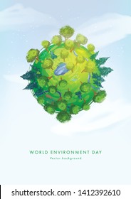 World environment day. Earth globe with splashes in watercolor style art. Concept design for banner, poster, greeting card. Vector illustration