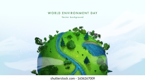 World environment day. Earth globe with splashes in watercolor style art. Concept design for banner, poster, greeting card. Vector illustration - Shutterstock ID 1636267009