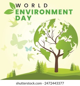 World environment day. Earth globe with greenery. Concept design for banner, poster, greeting card. Vector illustration