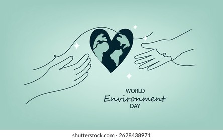 world environment day. Earth globe floating between two hands in continuous line. Hand drawn ecology friendly doodle line art vector illustration.	
