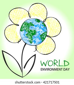 World environment day. Earth globe with hatching colored pencil style art.. Concept design for banner, greeting card, t-shirt, print, poster. Vector illustration. Globe in the form of a flower.