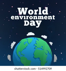World environment day. Earth globe with clouds in flat style. Concept design for banner, greeting card, t-shirt, print, poster. Vector illustration.