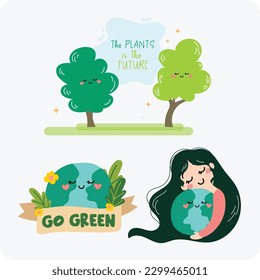 world environment day, earth day, go green flat cute vector save the planet
